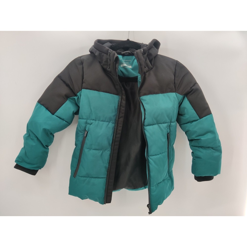 Primark Cares Kids Teal Black Colorblock Hooded Puffer Jacket Size 7-8 Years